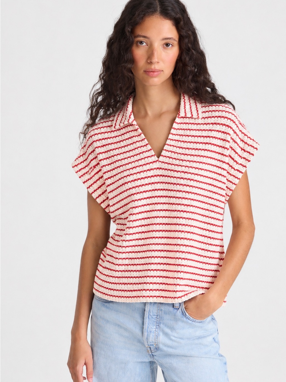 Madewell Red and White Striped Knit V-Neck Polo Top ,size L